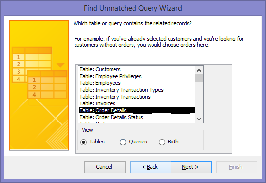 Select a table or query that contains the related records in the Find Unmatched Query Wizard dialog box