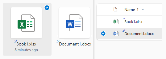 Screenshot of selecting a file in OneDrive in tile view