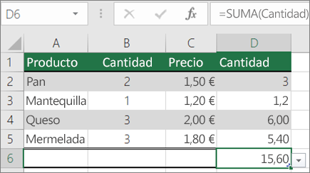 Ejemplo de una fórmula SUMA