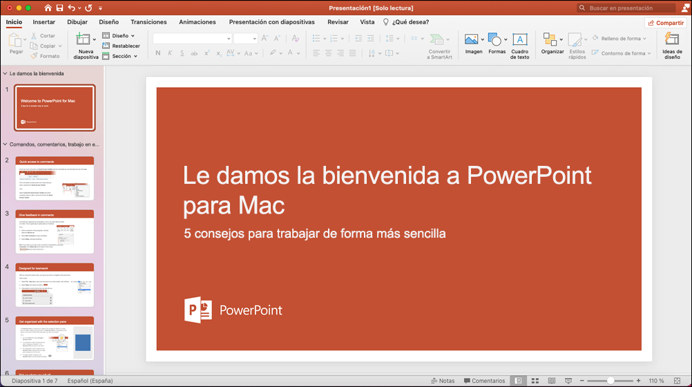 Ventana de PowerPoint 2021 para Mac con la plantilla Hacer una visita guiada abierta