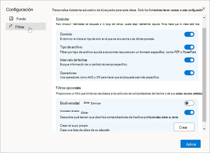 Captura de pantalla de la pestaña filtros en la configuración seleccionada