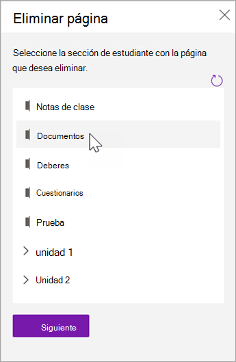 Elija la sección del alumno con la página que desea eliminar.