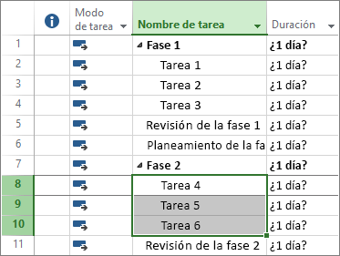 Captura de pantalla de las tareas descritas en un plan de proyecto.