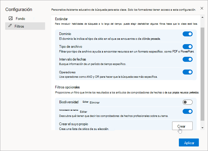 Captura de pantalla de la sección de filtros en configuración con un mouse que selecciona "crear" para crear uno propio