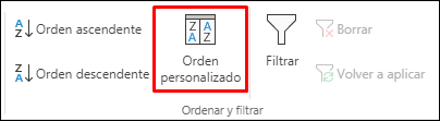 Opción de ordenación personalizada de Excel en la pestaña Datos