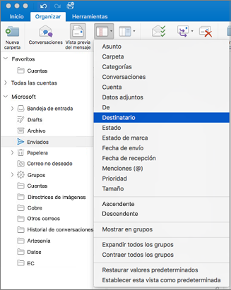 Ordena el correo de diferentes maneras haciendo clic en Organizar > Ordenar por > y seleccionando una opción de la lista