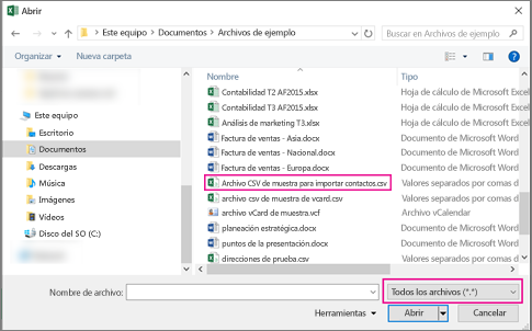 Para buscar el archivo .csv, asegúrese de buscar en todos los archivos.