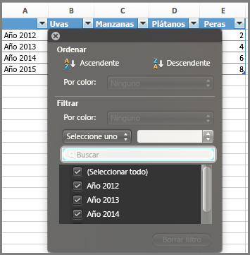 Filtro para gráfico de Excel para Mac