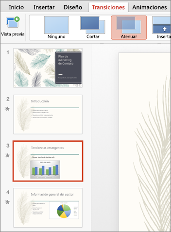 En el panel de miniaturas, seleccione la diapositiva a la que quiere aplicar la transición.