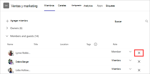Captura de pantalla de una lista de miembros del equipo con las opciones agregar miembros, buscar y quitar. Seleccione la X a la derecha del nombre de un miembro del equipo para quitarlo.