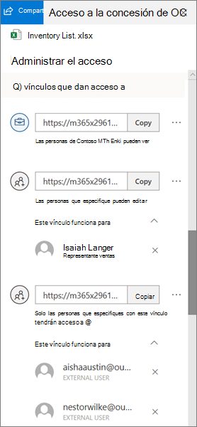 La sección Vínculos que dan acceso del panel Administrar access en OneDrive para la Empresa