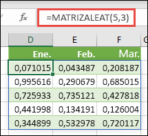 La función MATRIZALEAT en Excel. MATRIZALEAT(5;3) devuelve valores aleatorios entre 0 y 1 de una matriz que tiene 5 filas de alto por 3 columnas de ancho.