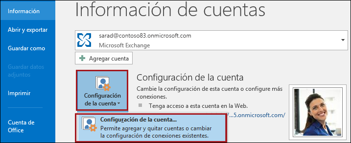 Configuración de la cuenta en Outlook