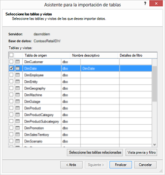 Cuadro de diálogo del Asistente para la importación de tablas
