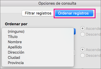 Haga clic en Ordenar registros para ordenar los elementos de la combinación de correspondencia