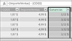 Columna de beneficio en una tabla Power Pivot