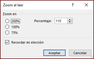 Puede seleccionar el nivel de zoom predeterminado.