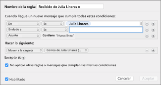 Crear una regla a partir de un de mensaje de correo electrónico existente