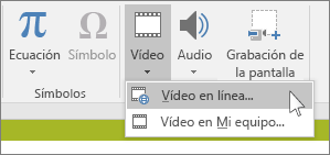 Botón de la cinta de opciones para insertar un vídeo en línea en PowerPoint