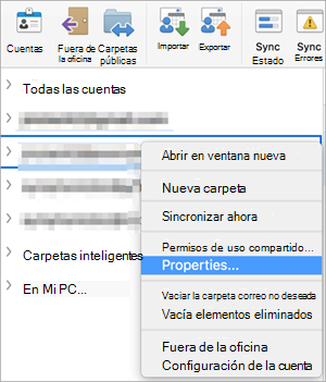 Muestra el menú contextual de una carpeta de Exchange con la opción Propiedades seleccionada