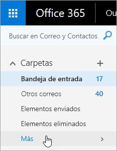 Captura de pantalla del cursor desplazándose sobre el botón Más en el panel de navegación de Outlook en la Web.