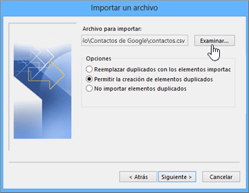 Busque el archivo csv de contactos y elija cómo controlar los contactos duplicados