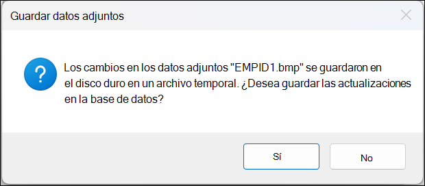 Cuadro de mensaje de confirmación Guardar datos adjuntos con los botones Sí y No.