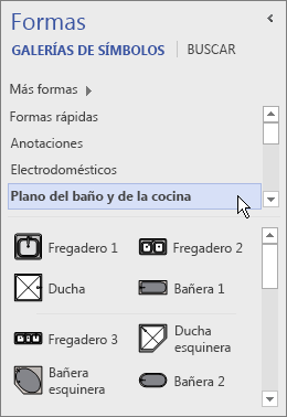 Visio muestra las formas de la galería de símbolos seleccionada: Plano de baños y cocinas