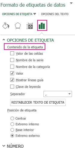 Parte Opciones de etiqueta del panel Formato de etiquetas de datos