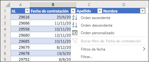 Usar el filtro de tabla de Excel para ordenar en orden ascendente o descendente