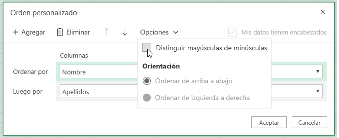 Ejemplo de cuadro de diálogo de orden personalizado en el que se distinguen mayúsculas de minúsculas