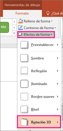 Muestra la opción Rotación 3D en el menú Efectos de formas de PowerPoint 2016.