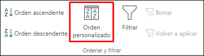 Opciones de ordenación personalizada de Excel en la pestaña Datos