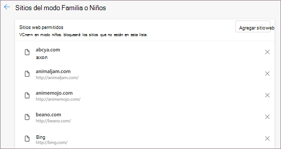 Sitios permitidos en modo infantil