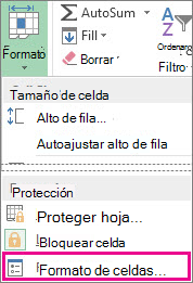 En la pestaña Inicio, el botón Formato y el botón Formato de celdas del menú