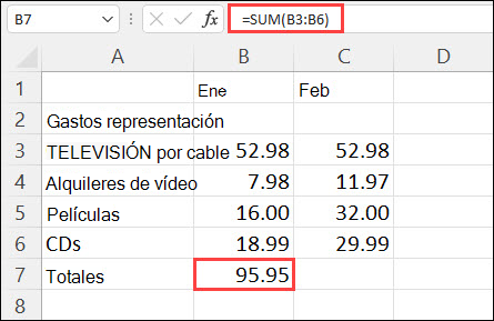 Resultado de Autosuma en la celda B7