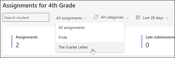 captura de pantalla de los filtros disponibles en la vista Tareas y Calificaciones de Insights. puede buscar por alumno, por tarea por etiqueta o por fecha.