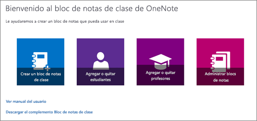 Asistente para Bloc de notas de clase de OneNote, con iconos para crear un bloc de notas de clase, agregar o quitar alumnos, agregar o quitar profesores y administrar blocs de notas.