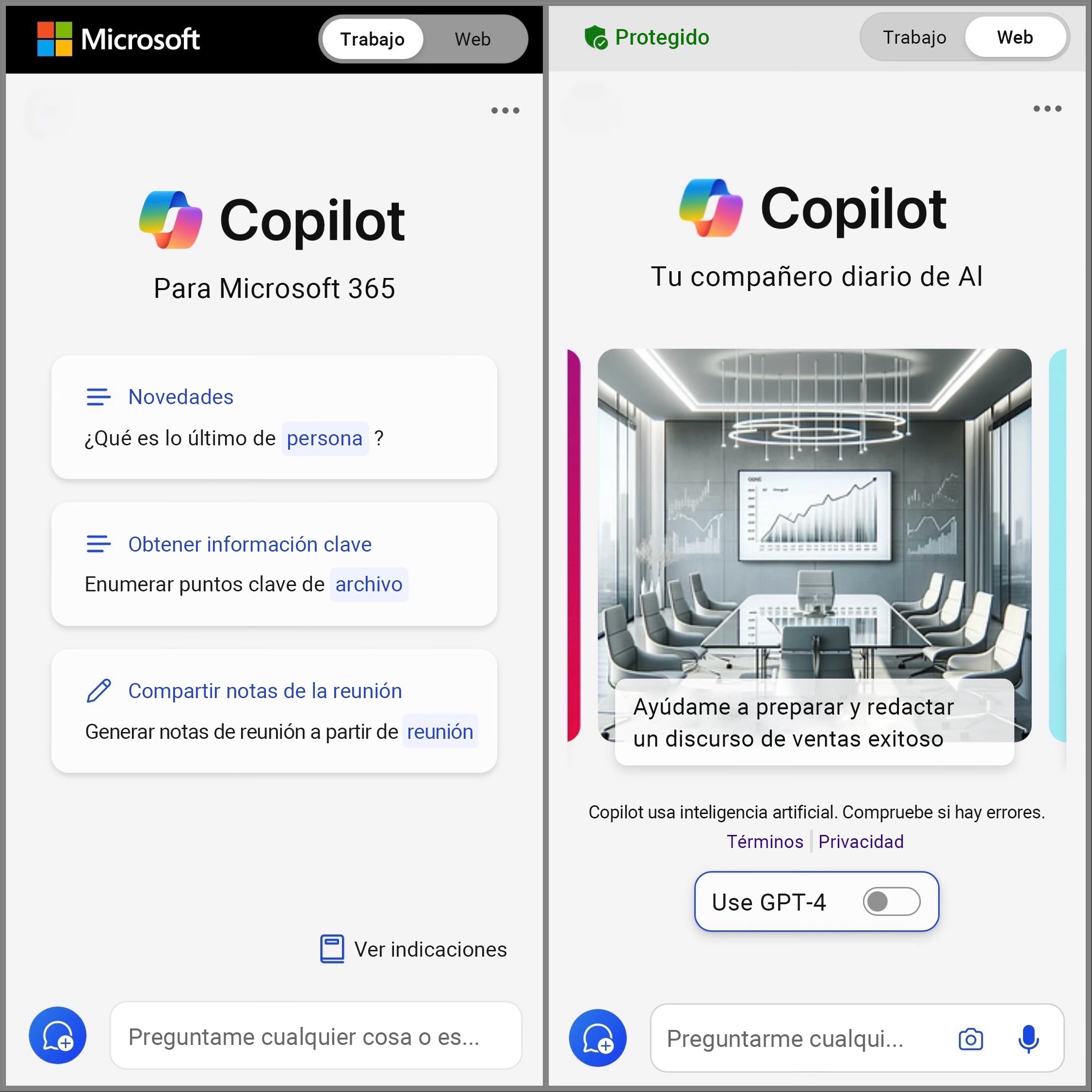 Muestra la pantalla de Copilot en el móvil alternada a Web y Trabajo para acceder a la indicación de chat.