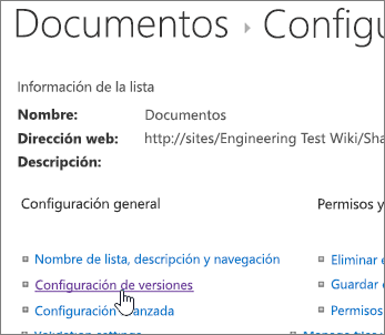 Cuadro de diálogo Configuración de biblioteca con control de versiones seleccionado.