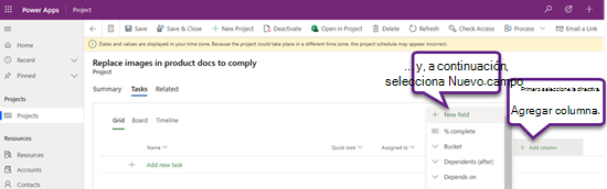Agregar un nuevo campo a un proyecto abierto en Project Power App