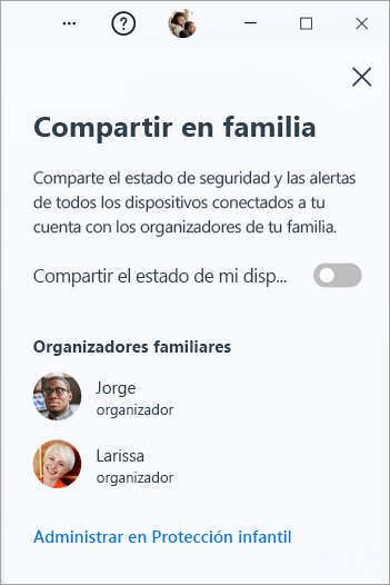 Panel de Uso compartido familiar en Microsoft Defender en Windows.