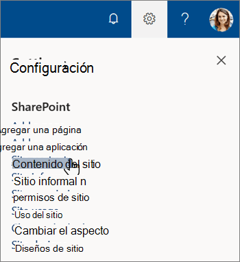 El menú Configuración de SharePoint, con el contenido del sitio resaltado