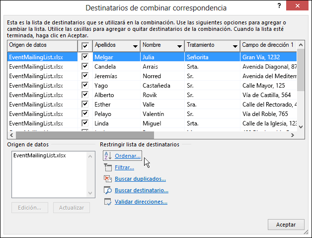 Como parte de la combinación de correspondencia de Word, los resultados de una ordenación de una lista de destinatarios.