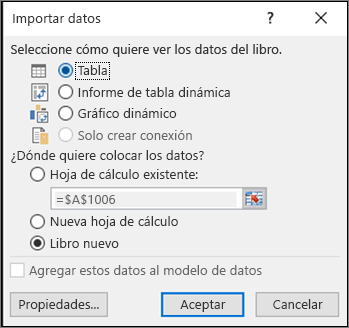 Cuadro de diálogo Importar datos de Excel 2016