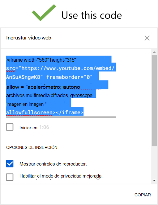 Cuadro de diálogo Compartir incrustado de YouTube