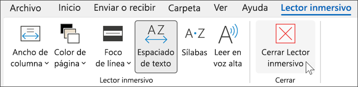 Herramienta Lector inmersivo en Outlook con el cursor sobre "cerrar"