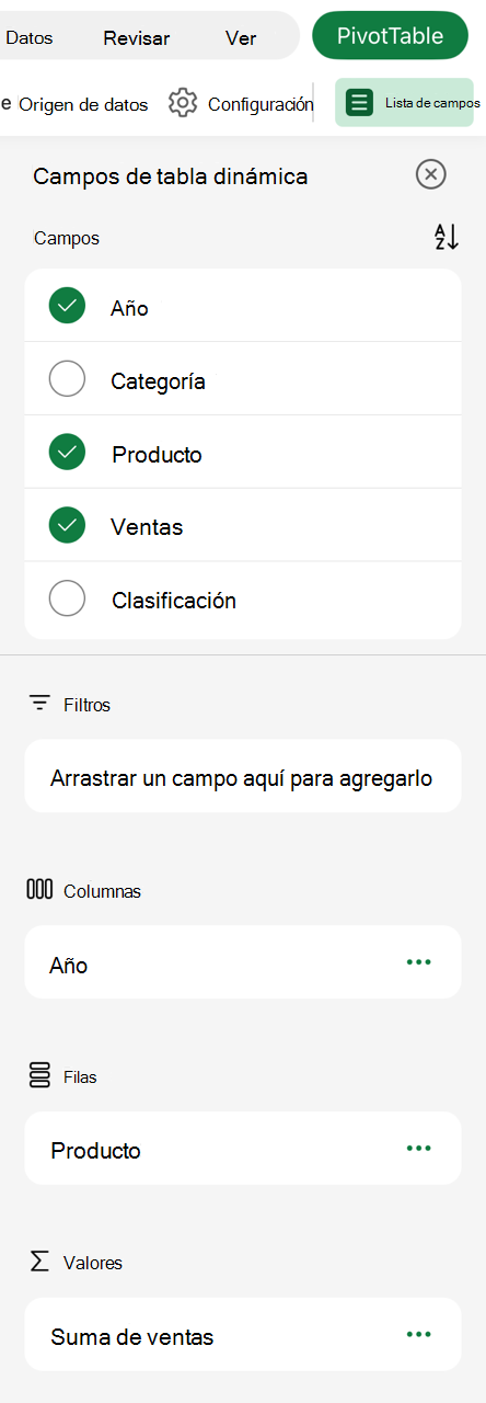 Tabla dinámica en lista de campos de iPad