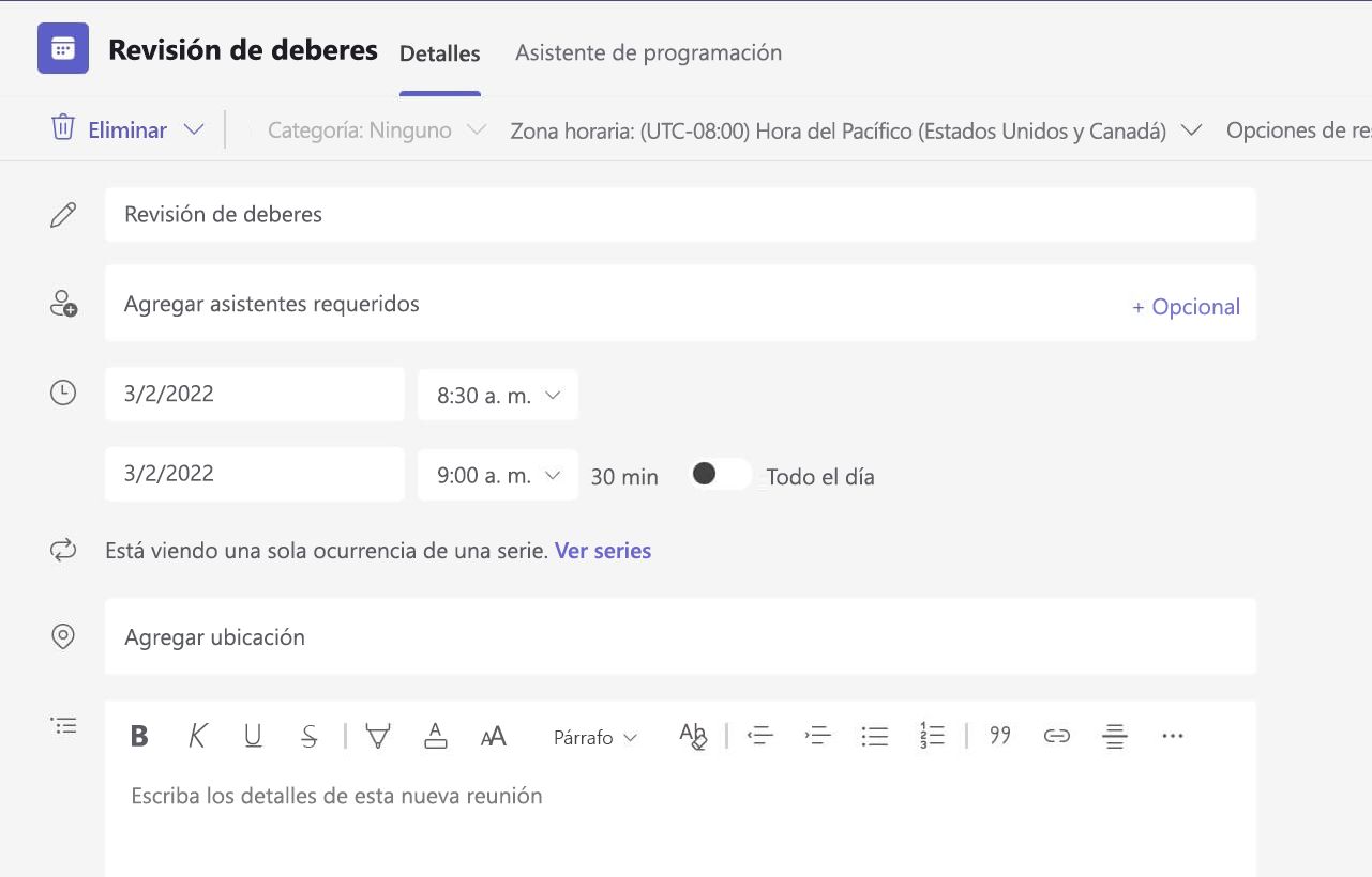 Captura de pantalla de sin detalles de la reunión en la versión web de Teams