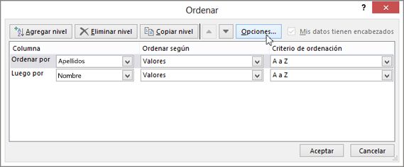 Haga clic en Ordenar para abrir el cuadro de diálogo Ordenar